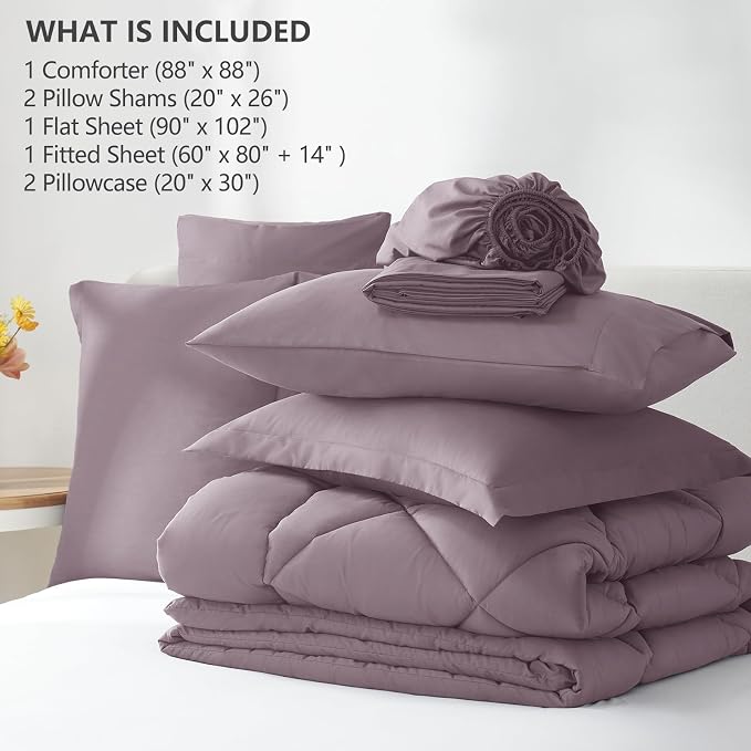 Queen Comforter Set Dusty Purple - 7 Pieces Complete Bedding Set | OEKO-TEX Certified, All Season, 240GSM Down-Alternative Comforter, Sheets, Pillowcases & Shams, 14" Deep Pocket, Easy Care