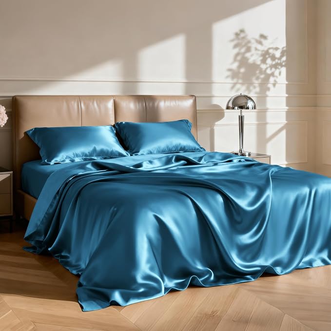 Love's cabin Satin King Sheet Sets - 4 Piece Teal Silky Sheets King Size Bed Set with Deep Pocket, Luxury Silk Feel King Size Satin Sheet Set (1 Flat Sheet,1 Fitted Sheet,2 Pillow Cases)