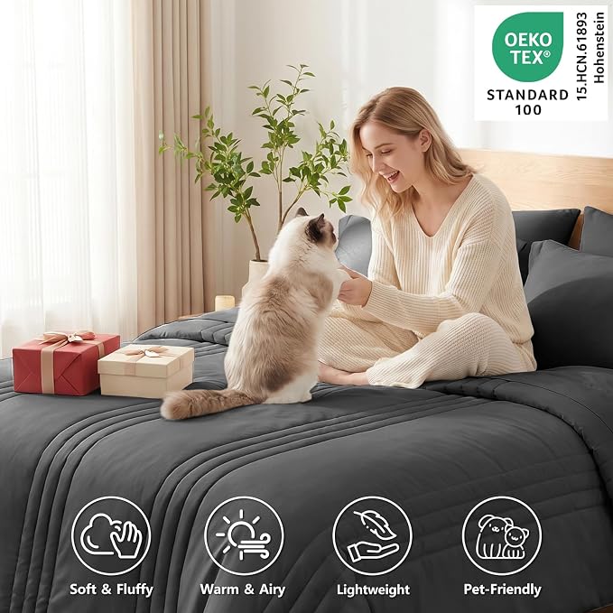 Full Size Comforter Sets Dark Grey- 7 Pieces Bed in a Bag | OEKO-TEX Certified, 240GSM Down-Alternative Comforter, 14" Deep-Pocket Sheets, Shams & Pillowcases, Lightweight