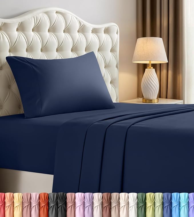 Twin Sheets Set, 3 Pieces 16" Deep Pocket Hotel Luxury Bed Sheets, Navy | Extra Soft Bedsheet Set, Comfy & Breathable Cooling Sheets, Wrinkle & Fade Resistant, Fitted Sheet, Flat Sheet, 1 Pillowcase