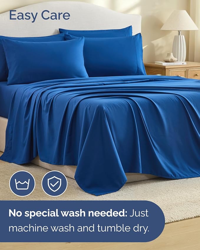 Cal King 6 Piece Bed Sheet Set - Breathable & Cooling Sheets - Dark Blue | Ultra-Soft Hotel Luxury Bedding Set with 8-16 Inch Deep Pockets, 1 Flat & 1 Fitted Sheet & 4 Pillowcases, Wrinkle & Fade Free