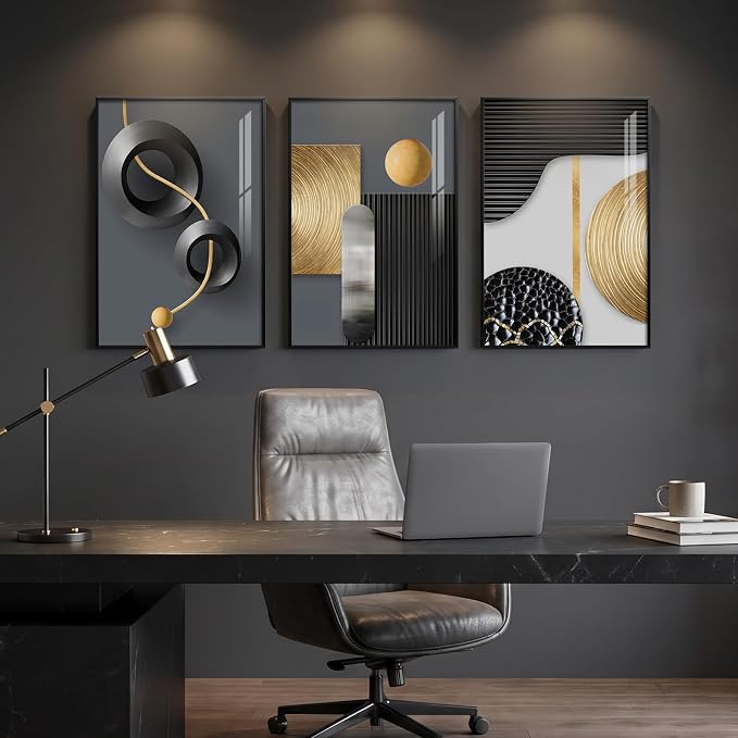 Framed Modern Elegant Wall Art for Living Room, 3 Piece 16x24 In | Black gold wall prints, Abstract geometric wall paintings, Contemporary luxury bedroom dining room office wall decor