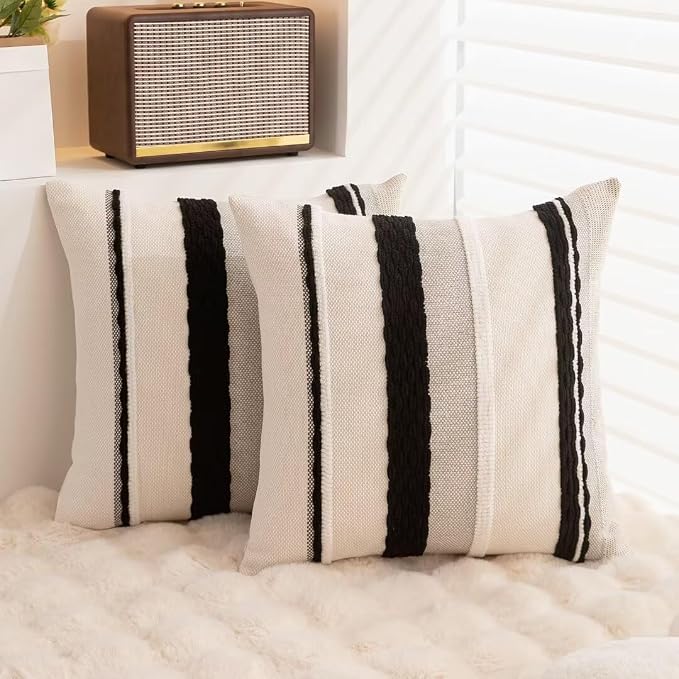 Boho Throw Pillow Covers Decorative Neutral Farmhouse Pillow case | 18x18 Set of 2 Cushion Case Striped Square Pillows Cover Couch Pillow Cases Accent Pillowcase for Sofa Bed,Black and White