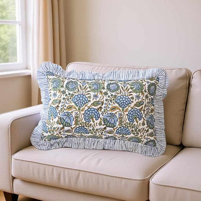 Ridhi Block Print Asparagus Green Ruffle Lumbar Pillow Shams, 20" x 12" | 100% cotton, Floral Pillowcase, Cushion Cover, Hidden Zipper, Cottagecore Bedding, farmhouse boho style, fits couch, sofa,Bed