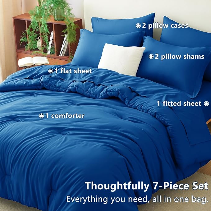 Queen Comforter Set Classic Blue, 7 Pieces Bed in a Bag | OEKO-TEX Certified, All-Season, Bedroom, 240GSM Down Alternative Comforter, Flat & Fitted Sheets, 2 Pillowcases & 2 Shams