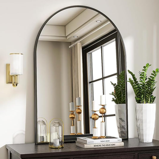 Arched Wall Mirror, 30 x 38 inch Arch Bathroom Mirror Black | Wall Mounted Bathroom Vanity Mirror with Arch Metal Frame, Modern Room Decor for Bedroom, Entryway, Hanging or Leaning