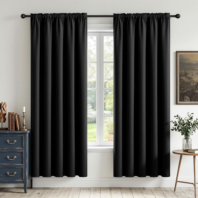 CUCRAF Black Blackout Curtains 63 inch Length 2 Panels Set, Rod Pocket Room Darkening Drapes for Bedroom Living Room, Insulated Thermal Light Blocking Window Curtain (W52 x L63 Inch)