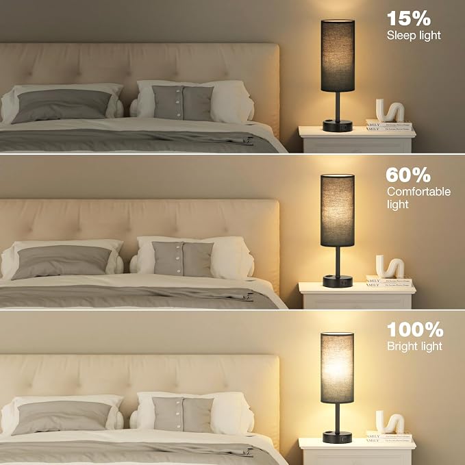 Black Bedside Lamp for Bedroom, Dimmable Touch, USB A+C, AC Outlet | 3-Way Dimmable, LED Bulb Included, USB C+A Charging Ports, Black Fabric Lampshade, Metal Base, 14in Small Table Lamp