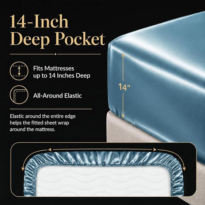 CozyLux Satin Sheets Queen, 4-Piece 14-Inch Deep Pocket Sheet Set | OEKO-TEX Certified Silky Soft Sheet Set for Hair & Skin, Luxurious Silky-Smooth Satin for Elegant Bedroom Decor, Sky Blue