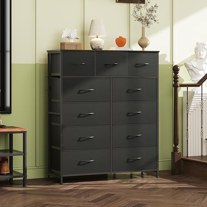 WLIVE Tall Dresser for Bedroom, 11 Drawer Chest of Drawers, Charcoal Black | 11 fabric storage drawers, Tall high-capacity design, Bedroom or dorm use, Sturdy steel frame, Smooth wood tabletop