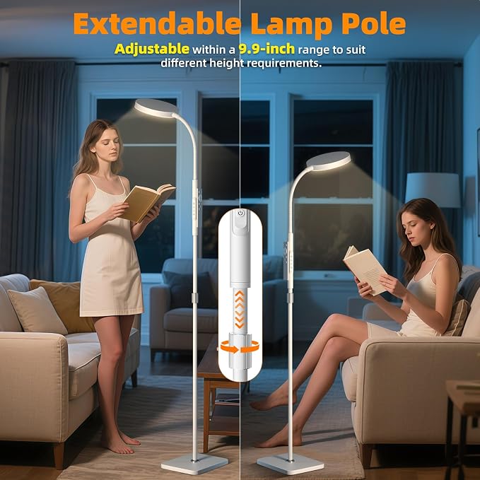 PACOVY Floor Lamp, Adjustable Height Floor Lamps for Living Room Bedroom, 252 LED Super Bright Standing Lamp Remote Control, Dimmable Gooseneck Tall Stand Reading Lamp Light for Office Craft, White
