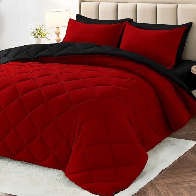 5 Pieces Twin Comforter Set, Reversible Bed in a Bag Twin Size, All Season Bedding Set with Comforter, Flat Sheet, Fitted Sheet, Pillowcases & Shams, Red & Black
