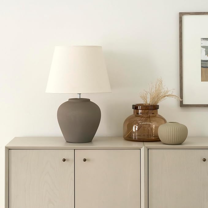 Nourison Home 20" Brown Matte Ceramic Table Lamp with Fabric Shade, Bedside Nightstand Lamp for Bedroom, Living Room, Entryway