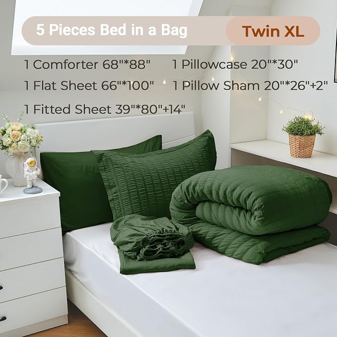 5 Pieces Twin XL Comforter Set, Seersucker Bed in a Bag Twin XL Size, All Season Luxury Bedding Set with Comforter, Flat Sheet, Fitted Sheet, Pillowcase & Sham, Dark Green