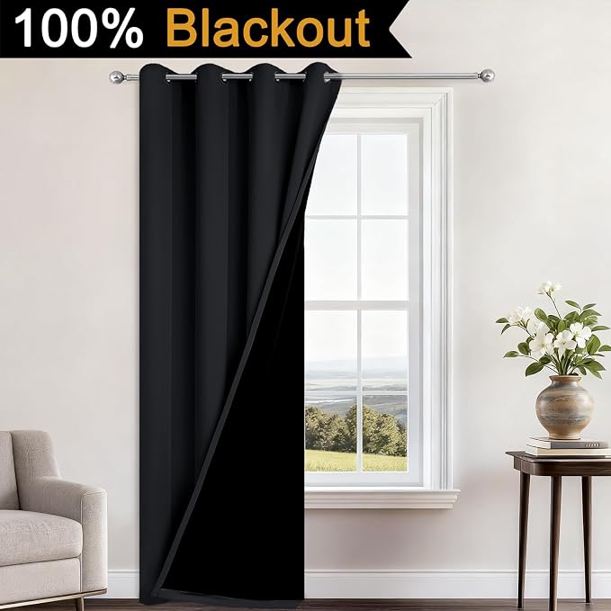 Yakamok Black Blackout Curtains 96 Inches Long for Bedroom 52" Wide 1 Panel | Blackout Curtain Panels for Bedroom, 2 Thick Layers Grommet Top Thermal Insulated Drapes with Black Liner for Living Room