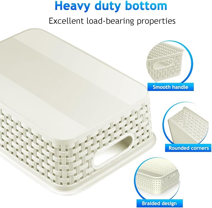 FUCDTEFC White Plastic Basket, 8 Pack Home Organization and Storage Baskets with Handles, Space Saving Woven Organizer Bins Plastic Storage Basket for Organizing Cabinets,Closets, Shelves, Countertops | Space Saving, Woven Organizer, Plastic Bins, Stor...