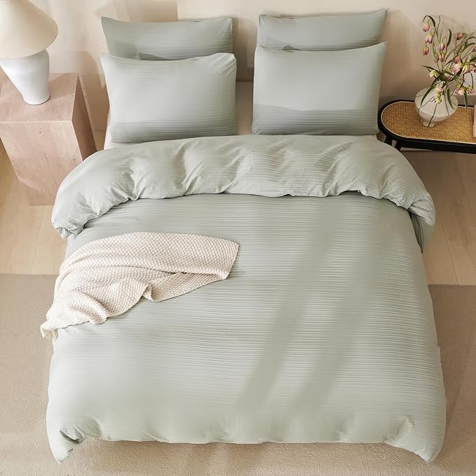 Sage Green King Size Comforter Set Striped Luxury Washed Microfiber Jacquard 3 Pieces Bedding, Sage Green Vertical Ticking Striped Comforter with 2 Pillowcases Soft Breathable Durable Comfy