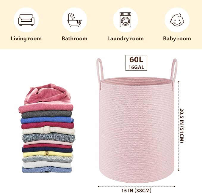 OIAHOMY 60L Nursery Hamper Laundry Basket Laundry Hamper Pink | collapsible Blanket Basket Cotton Rope Woven Basket Dirty Clothes Hamper Baby Hamper Tall Clothes Hamper with Handles
