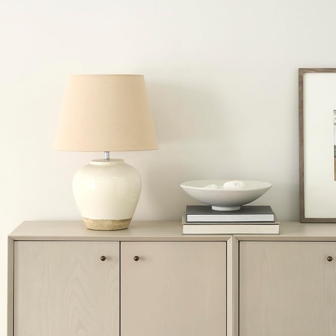 Nourison Home 20" Two-Tone White and Tan Glossy Ceramic Table Lamp, Bedside Nightstand Lamp with Warm Beige Shade for Bedroom, Living Room, Entryway