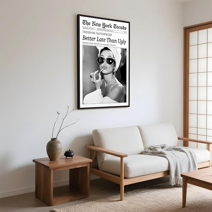 Framed Better Late Than Ugly Wall Decor Newspaper Audrey Hepburn Wall Art | Vintage Black and White Fashion Poster Chic New York Trends Glam Quote Canvas Print for Bedroom Bathroom Dorm 16x24inch