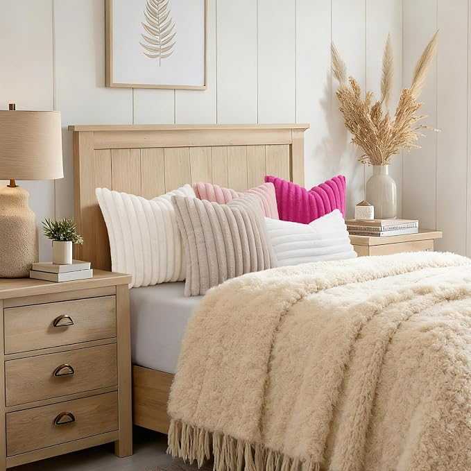 decorUhome Fall Faux Fur Throw Pillow Covers 22x22 Set of 2 Cream White | Decorative Soft Cozy Striped Plush Modern Farmhouse Boho Couch Pillow Cases Velvet Back for Sofa Bed Living Room Home Decor