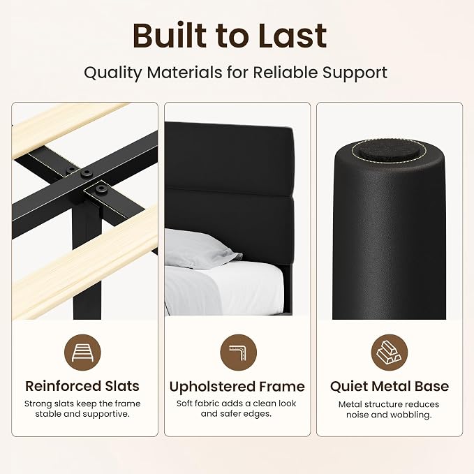 GRUSIGN Full Size Platform Bed Frame with Velvet Headboard, Adjustable Height Wooden Slats Support, Upholstered Mattress Foundation, Fits Mattress or Mattress with Box Spring, Easy Assembly, Black