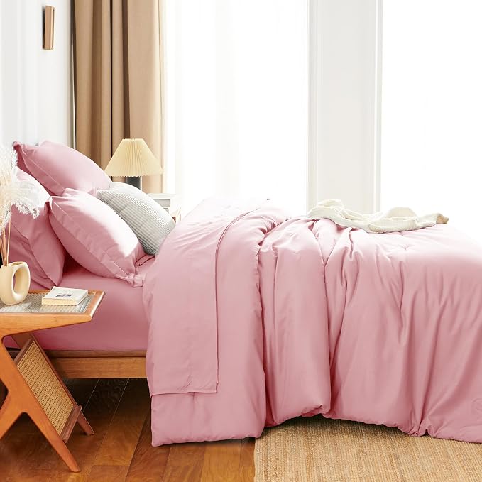 HIMEET Queen Comforter Set, 7-Piece Point-Quilted Bed in a Bag Pink | OEKO-TEX Certified, Lightweight 240 GSM Comforter, Flat Sheet, 14-Inch Deep-Pocket Fitted Sheet, Pillowcases & Shams