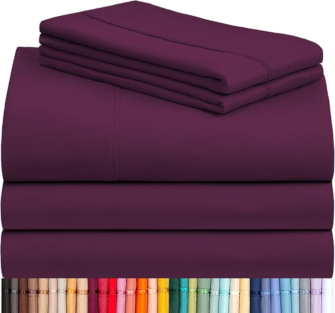 LuxClub 5 PC Split King Sheet Set, Deep Pockets Wrinkle Free Cooling Bed Sheets Hotel Bedding for Women, Men, Includes 2 Fitted Sheet, 1 Flat Sheet and 2 PillowcasesSoft Eggplant | LuxClub Silky Fitted Sheet & Pillowcase Sets, Breathable Hotel Luxury B...