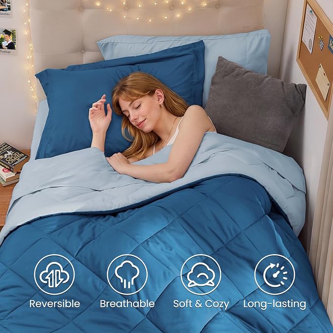 5 Pieces Twin XL Comforter Set, Reversible Bed in a Bag Twin XL Size, All Season Bedding Set with Comforter, Flat Sheet, Fitted Sheet, Pillowcases & Shams, Teal & Lake Blue