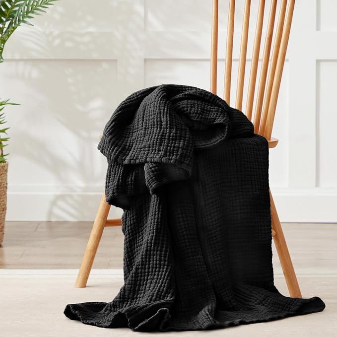 100% Cotton Muslin Blanket Large 50"x 70", 6 Layers Breathable and Lightweight Cotton Throw Blankets for Couch, Soft Cooling Summer Gauze Blanket for Adults All Season, Black