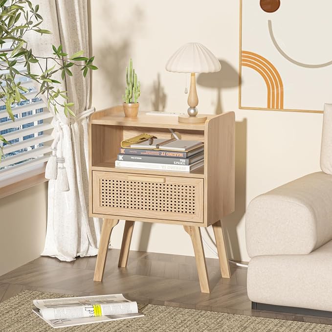 Lerliuo Rattan Nightstands Set of 2 with Charging Station, Boho Night Stand | Handmade Natural Rattan Drawer and Open Shelf, Side End Tables with Solid Wood Legs for Bedroom, Dorm, Small Spaces