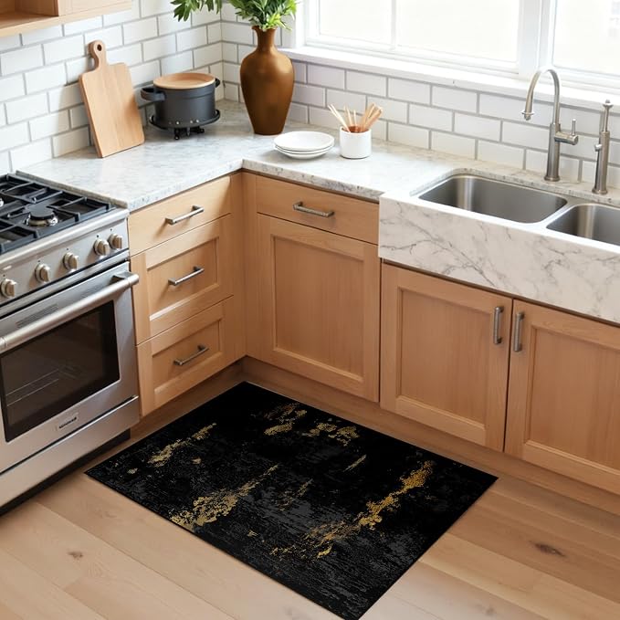 RELEANY Washable 2'x3' Abstract Area Rug for Living Room Black Gold | Carpet for Bedroom, Kitchen, Office, Hallway and Entryway, Printed Pattern, Non‑Slip, Soft, Stain‑Resistant, Easy to Clean