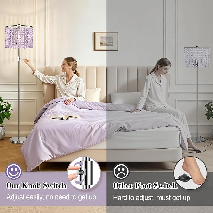 【Upgraded】 Dimmable Crystal Floor Lamps for Living Room with Chandelier Lampshade, Standing Lamp with Knob Switch, Tall Purple Floor Lamp for Bedroom, Dresser, Office