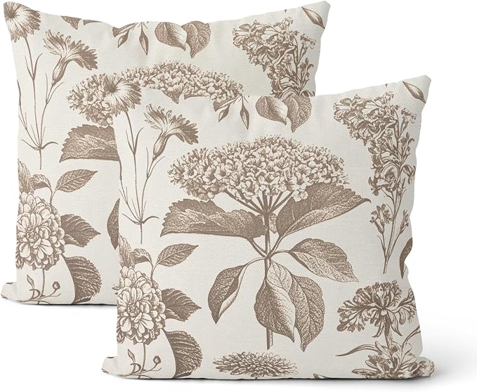 Vintage Brown Pillow Covers 18x18 Inch 2 Pcs Boho Beige Floral Decor Throw Pillows Hydrangea Flower Seasonal Outdoor Farmhouse Neutral Accent Decoration Pillowcase Linen Cushion Cover for Couch