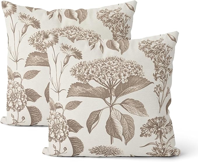 Vintage Brown Pillow Covers 24x24 Inch 2 Pcs Boho Beige Floral Decor Throw Pillows Hydrangea Flower Seasonal Outdoor Farmhouse Neutral Accent Decoration Pillowcase Linen Cushion Cover for Couch