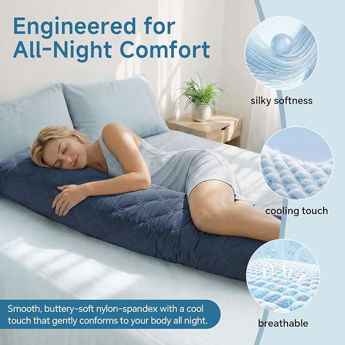 BEDELITE Cooling Body Pillow, Memory Foam Filled, Navy Blue, 20x54 Inches | Soft & Cool-Touch Quilted Nylon-Spandex Cover, Adjustable Fill, Perfect for Side Sleepers, Hot Sleepers, Pregnancy, Back Pain