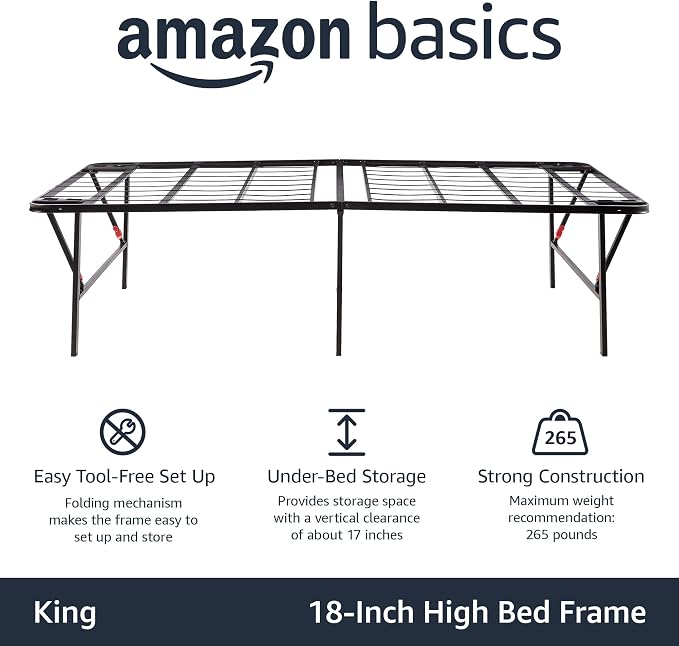 Amazon Basics Foldable Metal Platform Bed Frame with Storage Space, Sturdy Steel, No Box Spring Needed, 18 Inches High, Tool-Free Setup, Noise Free, King Size, Black