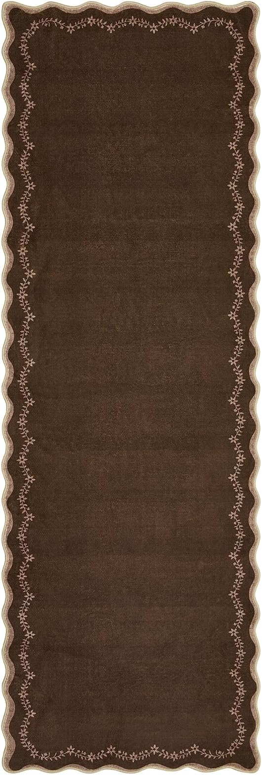 GarveeHome 2x6 Scalloped Washable Runner Rug Non Slip Hallway Kitchen Rug | Soft Brown Runner Entryway Rug Farmhouse Thin Laundry Mat Stain Resistant Carpet for Bedroom Bathroom Beside Rug