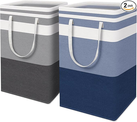 HomeHacks 2 Pack Laundry Baskets, Laundry Hampers Bags (Grey+Blue 88L) | Waterproof, Freestanding, Collapsible Clothes Hamper with Reinforced Handles in Laundry Room, Dorm, Bathroom, Bedroom