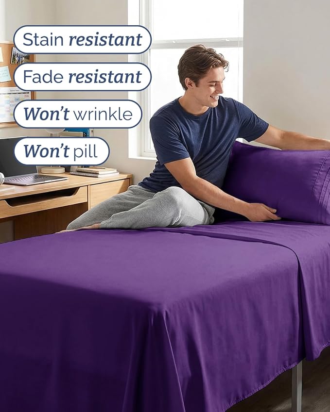 Twin XL 3 Piece Sheet Set - College Dorm Room Essentials - Purple | Deep Pocket Bed Sheets for Women, Men, Teens & Students, Soft, Cooling, Breathable & Wrinkle Free, Oeko-Tex Bed Sheet Set