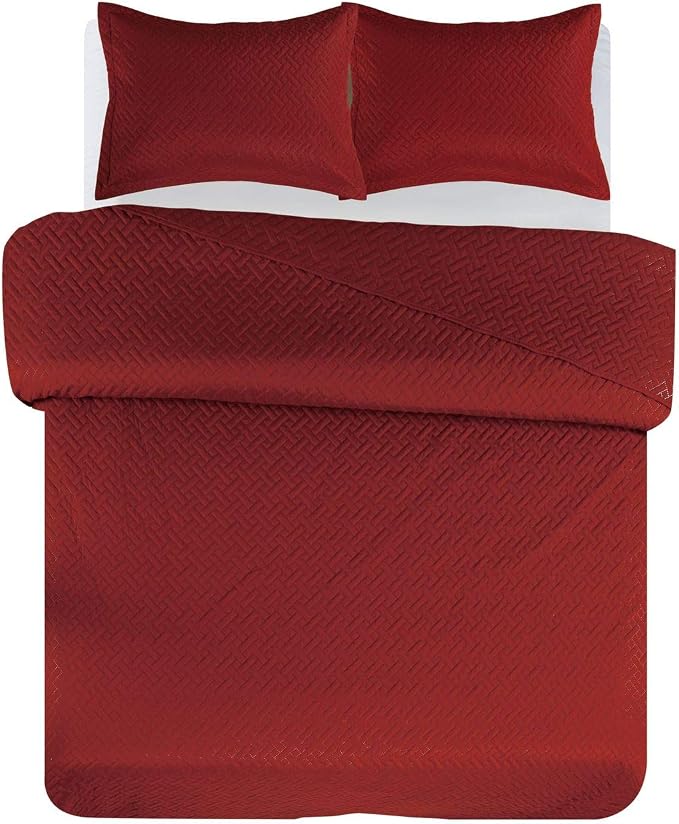 Legacy Decor 3 PCS Pinsonic Reversible Bedspread Quilt, King Brick | Squared Stitched Coverlet, All Season, Oversized, Brick Color, 3 PCS Set, Bedspread Quilt Coverlet