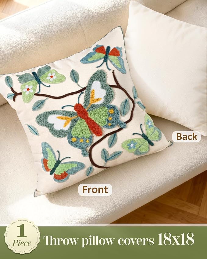 Embroidered Throw Pillow Cover 18x18 Inch, Branch Butterfly | Decorative Pillow Cover, Cottagecore Cushion Case with Hidden Zipper, Botanical Decor for Couch, Sofa, Living Room, Bedroom