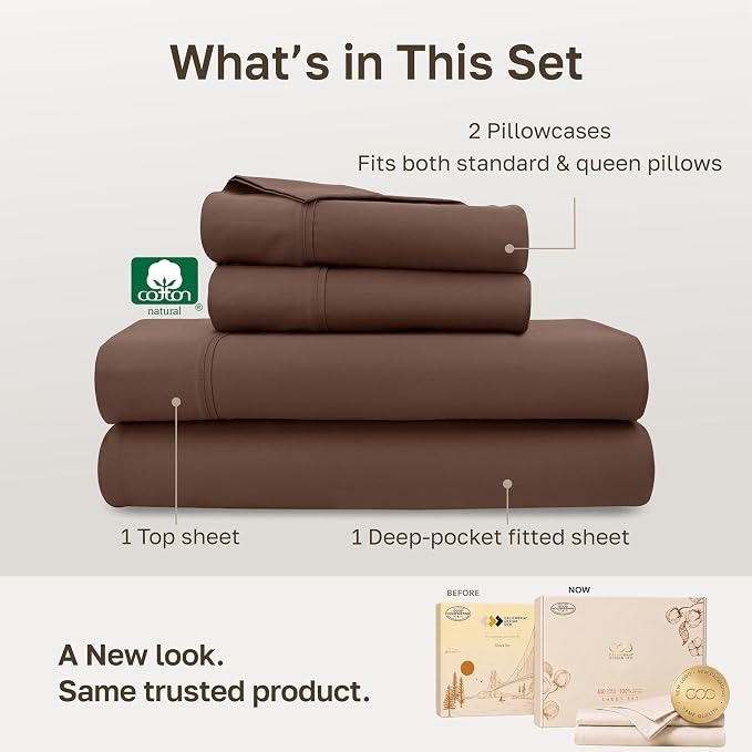 California Design Den Soft 100% Cotton Sateen Queen Size Sheets, 4 Pcs Set | 400 Thread Count Backed by Good Housekeeping Seal, 16" Deep Pocket, All-Around Elastic, Durable - Espresso Chocolate Brown
