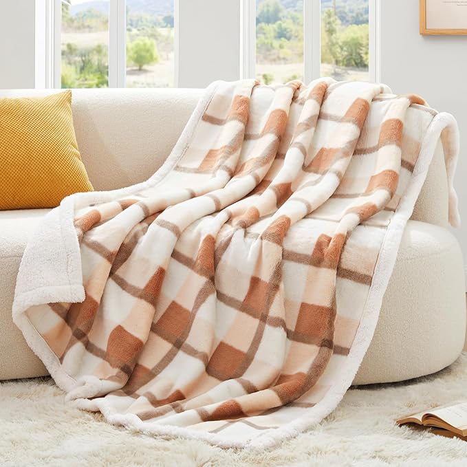 PU MEI Super Soft Faux Rabbit Fur Sherpa Fleece Throw Blanket, Reversible Luxury Cozy Cute Furry Blanket, Plush Warm Shaggy Fluffy Checkered Blankets for Sofa Couch Bed (Beige-Plaid, 80" x 90")