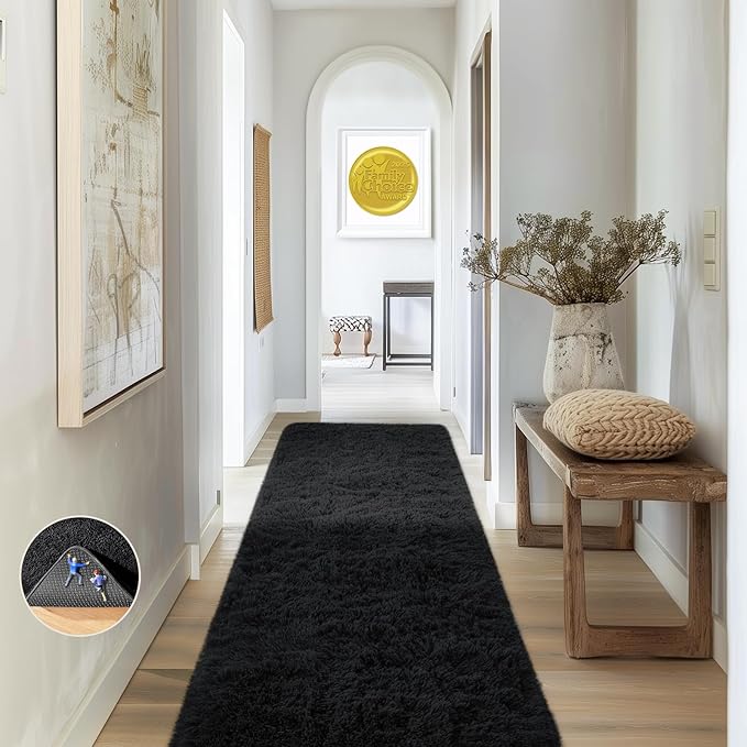 Ophanie Runner Rug for Hallway, 2x7 Washable Non-Slip Fluffy Soft Bedside Rugs, Bedroom Living Room Shaggy Carpet for Kids Girls Boys Dorm Nursery Decor Aesthetic, Black with Over 99 pcs Pile fibers