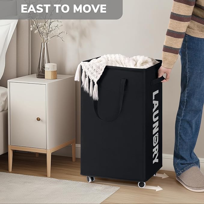 Goodpick 75L Roling Dirty Clothes Hamper with Removable Wash Bag for Dorm | Black Rolling Laundry Hamper with Wheels and Handles for Dirty Clothes, Fodable Hamper for Laundry Room