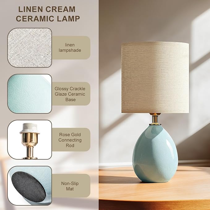 18.5" Ceramic Table Lamps Set of 2 for Living Room Bedroom, Blue | Bedside Lamps for Bedroom Nightstand, Ice Crackle Home Bedroom Living Room Decor, Linen Fabric Shade, 3-Color Temperature