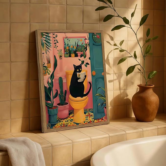 Funny Black Cat Bathroom Wall Art Whimsical Cat Reading Newspaper on Toilet Wall Decor Picture Cute Animal Bathroom Poster Canvas Painting Prints for Restroom 16x24 inch Framed