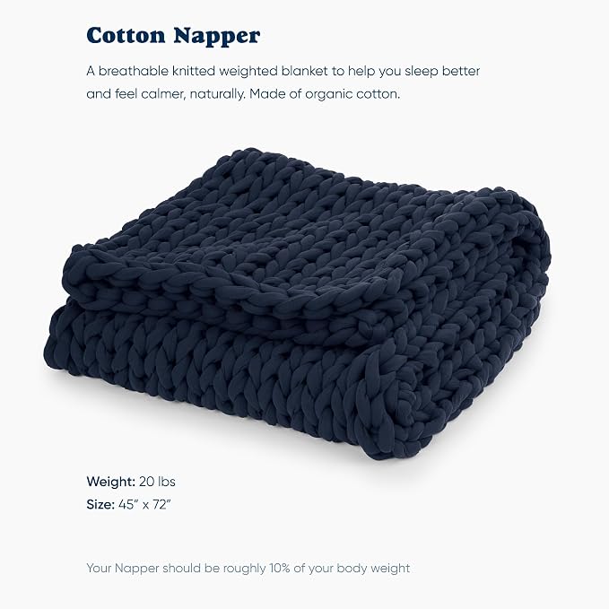 Cotton Hand-Knit Weighted Blankets for Adults - Chunky Knit Blanket - Sustainable, Breathable, Organic, Cooling Weighted Blanket - Machine Washable (Midnight Blue, 20 lbs, 45"x72")