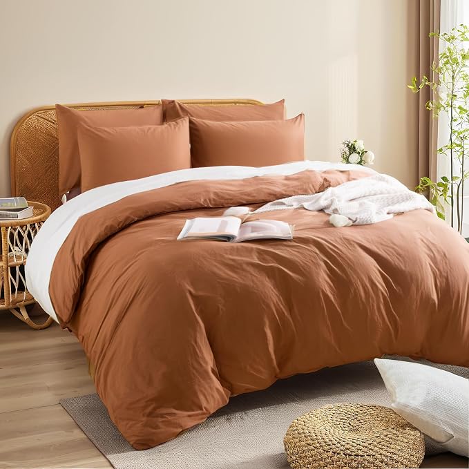 NEXHOME PRO Duvet Cover Set 100% Washed Cotton Oversized King 120"x98" Linen Feel Textured Organic Natural 3 Pieces Bedding Set Terracotta Burnt Orange with Zipper Closure Breathable(No Comforter)